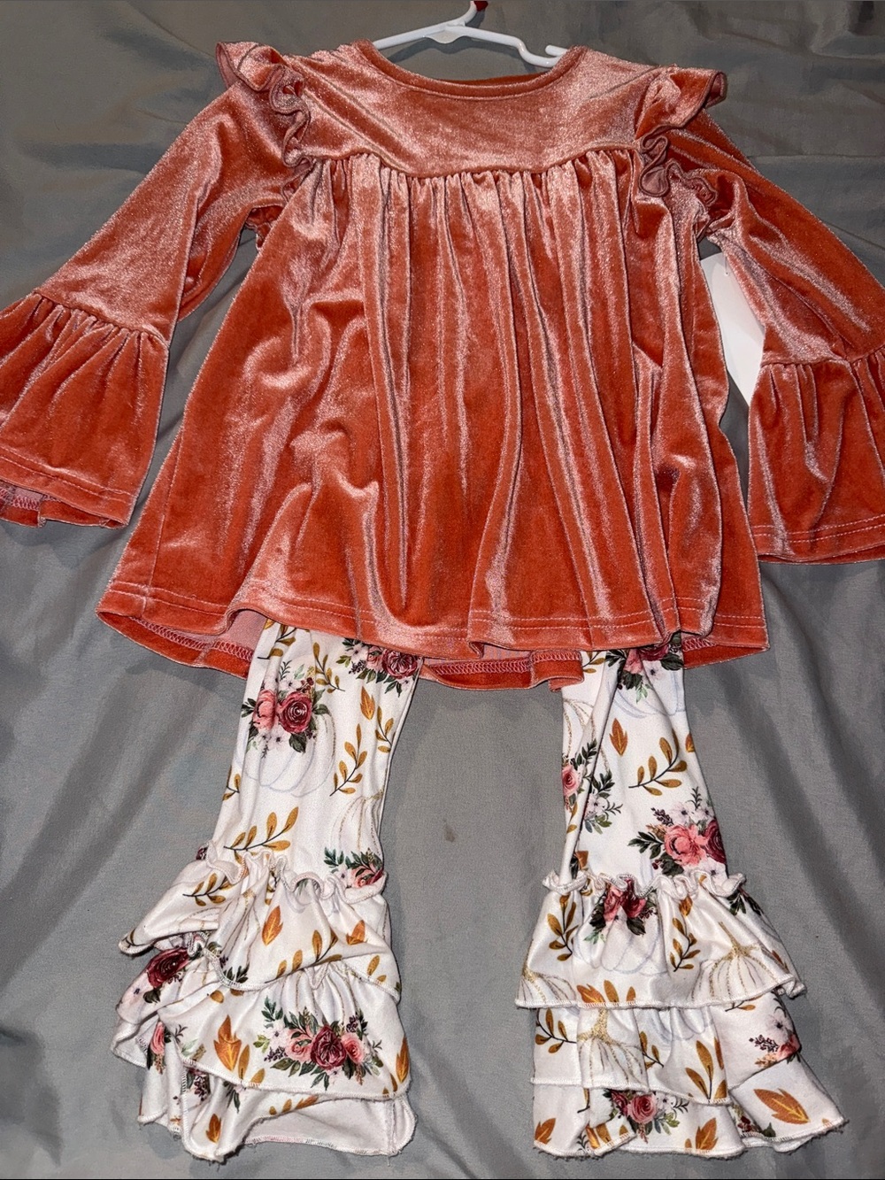 jumping beans Rust Velvet Ruffle Tunic with Floral Ruffle Pants